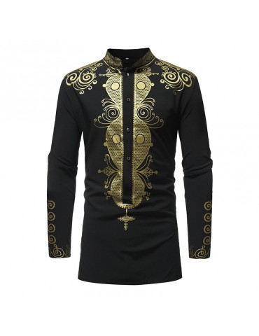 Mens 3D Printed African Ethnic Style Stand Collar Long Sleeve Mid Long Casual T Shirts