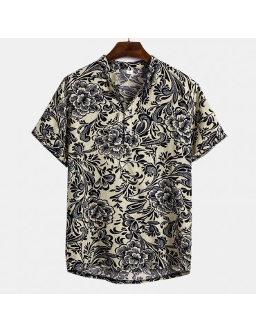 Mens Summer Casual Chinese Style Printed Stand Collar Short Sleeve Shirt