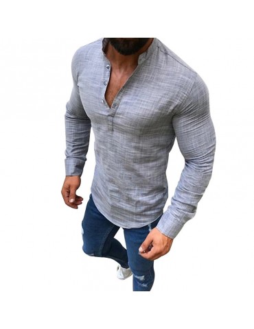 Mens Linen Casual Long Sleeve Solid Color Stand Collar T-Shirt