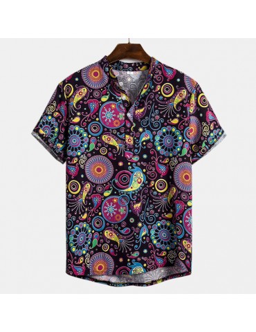 Mens Ethnic Style Funny Printing Loose Casual Short Sleeve Summer Henley Shirts