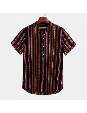 Mens Vintage Ethnic Stripe Printed Stand Collar Short Sleeve Casual Henley Shirt