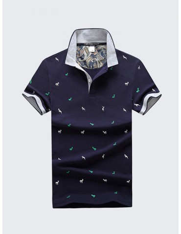 Mens Stylish Deer Printed Summer Golf Shirt Breathable Cotton Slim Fit Business Casual Tops
