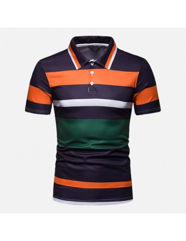 Mens Multi Color Striped Turn Down Collar Short Sleeve Comfy Golf Shirts