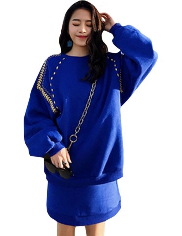Women's 2Pcs Fashion Long Sleeve Loose Sweatshirt Solid Color Skirt