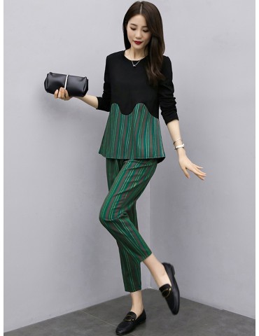 Women's Two-Piece Sets Long Sleeve O Neck Pullover Striped High Waist Wide Leg Pants