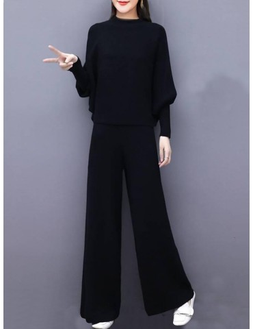 Women's 2Pcs Batwing Sleeve Solid Color Casual Top High Waist Loose Wide Leg Pants