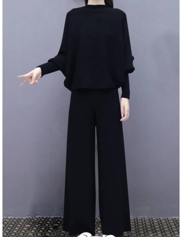 Women's 2Pcs Batwing Sleeve Solid Color Casual Top High Waist Loose Wide Leg Pants