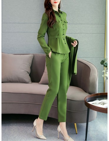 Women's 3Pcs Set Single Breasted Long Sleeve Shirt Solid Color Casual Pants Turn Down Collar Coat Set