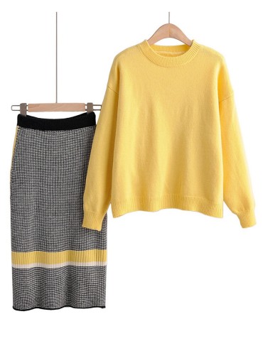 Women's 2Pcs Solid Color Elegant O Neck Pullover Sweater Split Aline Skirt