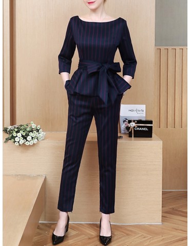 Women's 2pcs Striped Slim Blouse Fashion Peg Pants