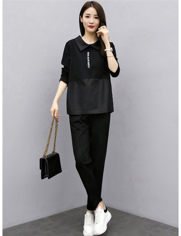 Women's Two-Piece Sets Loose Solid Color V Neck Shirt High Waist Fashion Long Pants