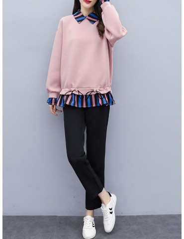 Women's 2Pcs Turn Down Collar Long Sleeve Patchwork Sweatshirt Solid Color Stright Pants