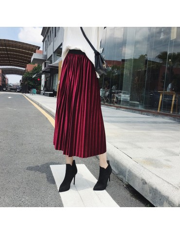 Women's Midi Skirt Solid Color Slim Pleated Skirt