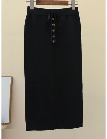 Women's Bodycon Skirt High Waist Solid Color Button Bow Skirt