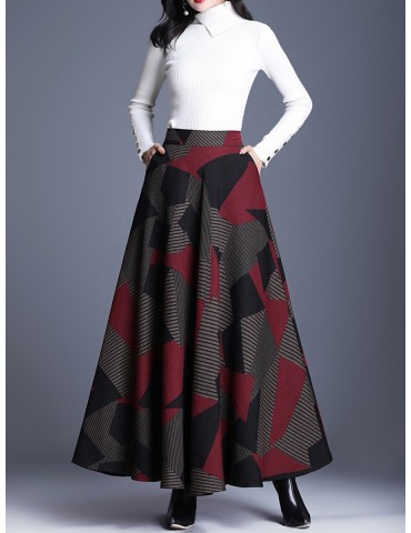 Women's Aline Skirt Abstract Pocket High Waist Maxi Long Skirt