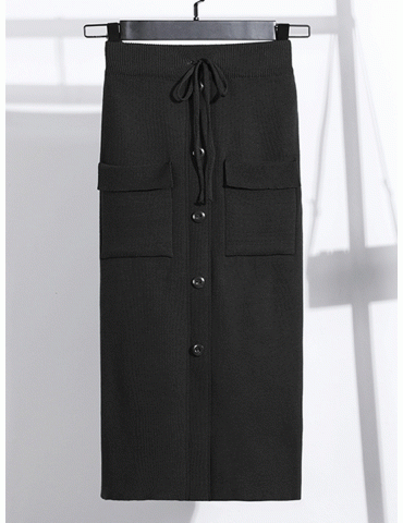 Women's Bodycon Skirt Solid Color Button Waist Drawstring Pocket Skirt