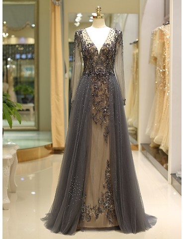 [Custom-Made]Women's Full Dress V Neck Long Sleeve Elegant Maxi Long Dress