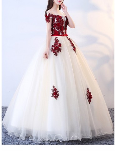 Women's Full Dress Slash Neck Lace Flowers Wedding Dress