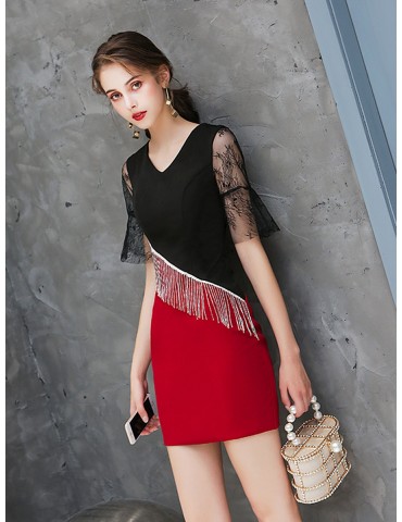 Women's Full Dress Color Block Tassel Lace Short Sleeve Dress