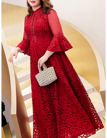 Women's Full Dress Elegance Mandarin Collar Flare Sleeve Applique Wedding Dress