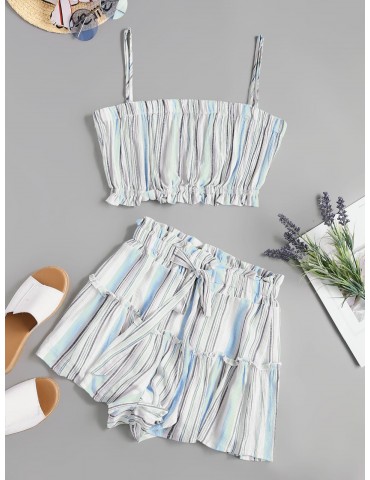 Two Piece Knotted Stripes Paperbag Shorts Set - Blue S