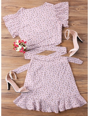 Wrap Top And Skirt Set - Pink M