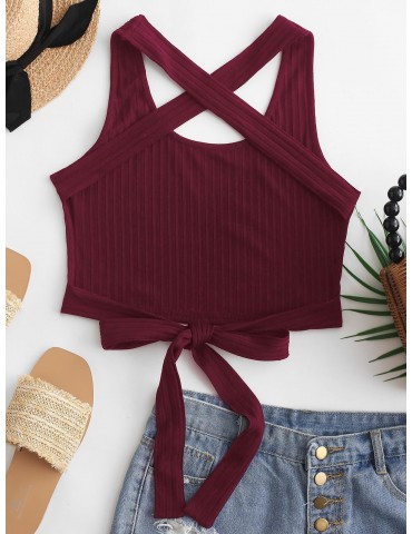  Criss Cross Tied Solid Tank Top - Red Wine S