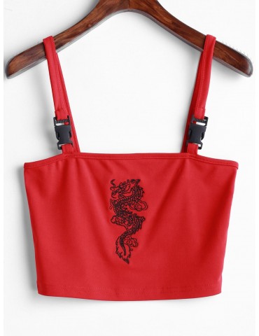 Dragon Embroidered Buckle Straps Tank Top - Red S